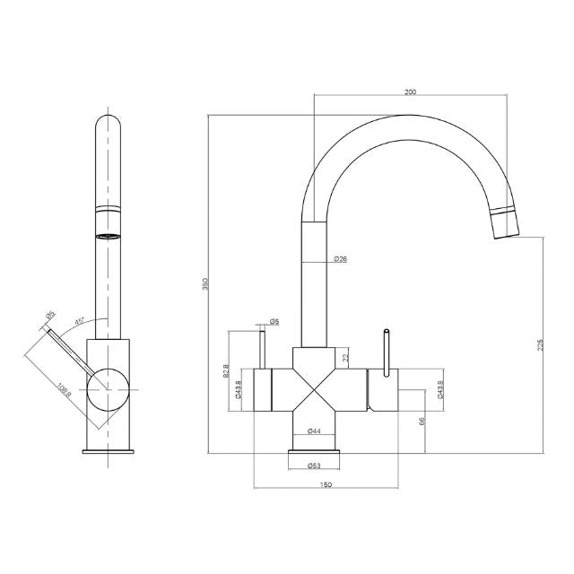 Technical drawing of Nero Mecca 3 way filtered mixer tap in brushed gold, showing side and front views with dimensions.