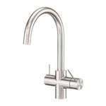 Nero Mecca 3-way filtered mixer tap in brushed nickel, gooseneck sink mixer with dual levers and curved spout