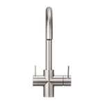 Nero Mecca 3-way filtered mixer tap in brushed nickel, with gooseneck spout and twin levers, front view