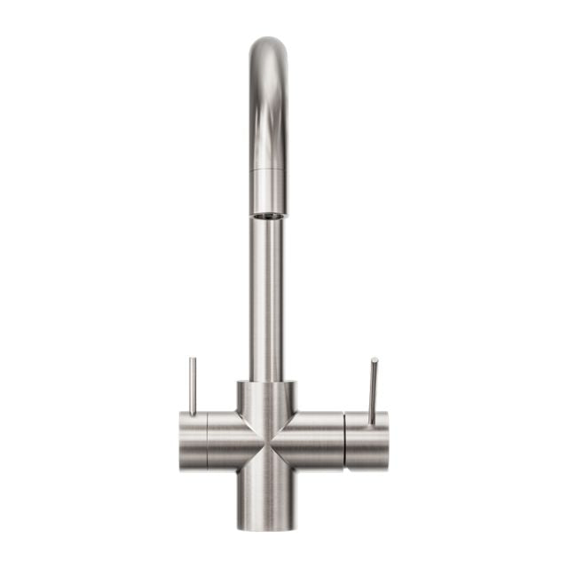 Nero Mecca 3-way filtered mixer tap in brushed nickel, with gooseneck spout and twin levers, front view