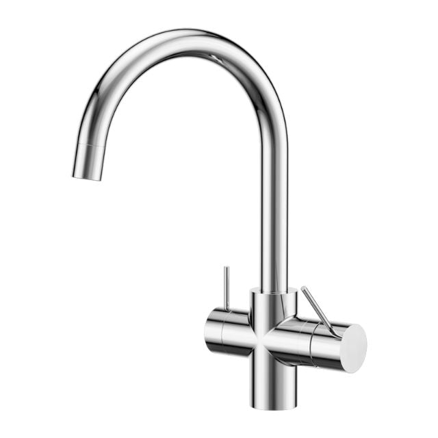 Nero Mecca 3-way filtered mixer tap in chrome, with gooseneck spout and dual side levers, isolated on white background
