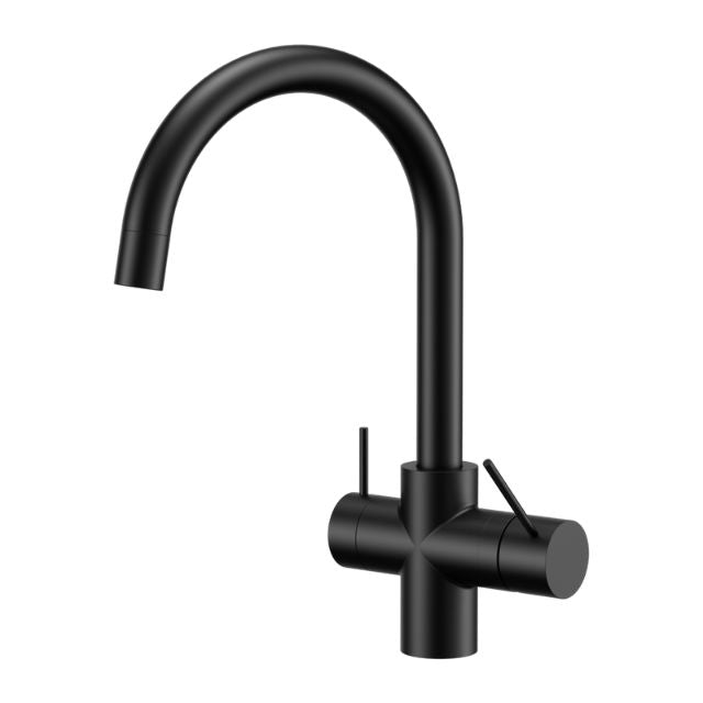 Nero Mecca 3 way filtered mixer tap in matte black, gooseneck kitchen sink mixer with dual levers on white background