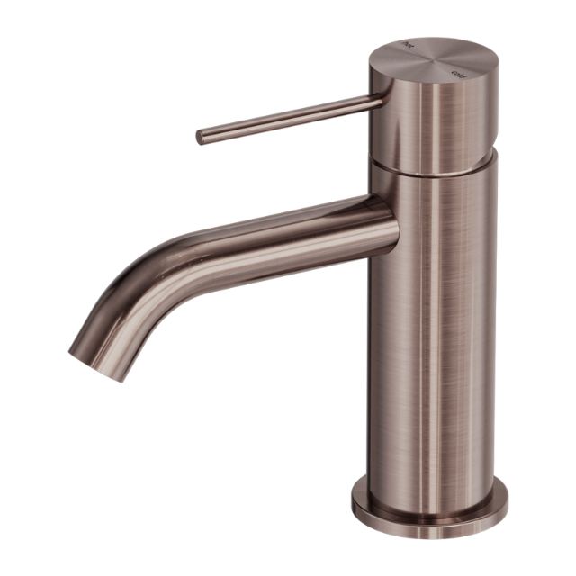 Nero Mecca basin mixer in brushed bronze, hob mounted tap with cylindrical body and curved spout, product on white background