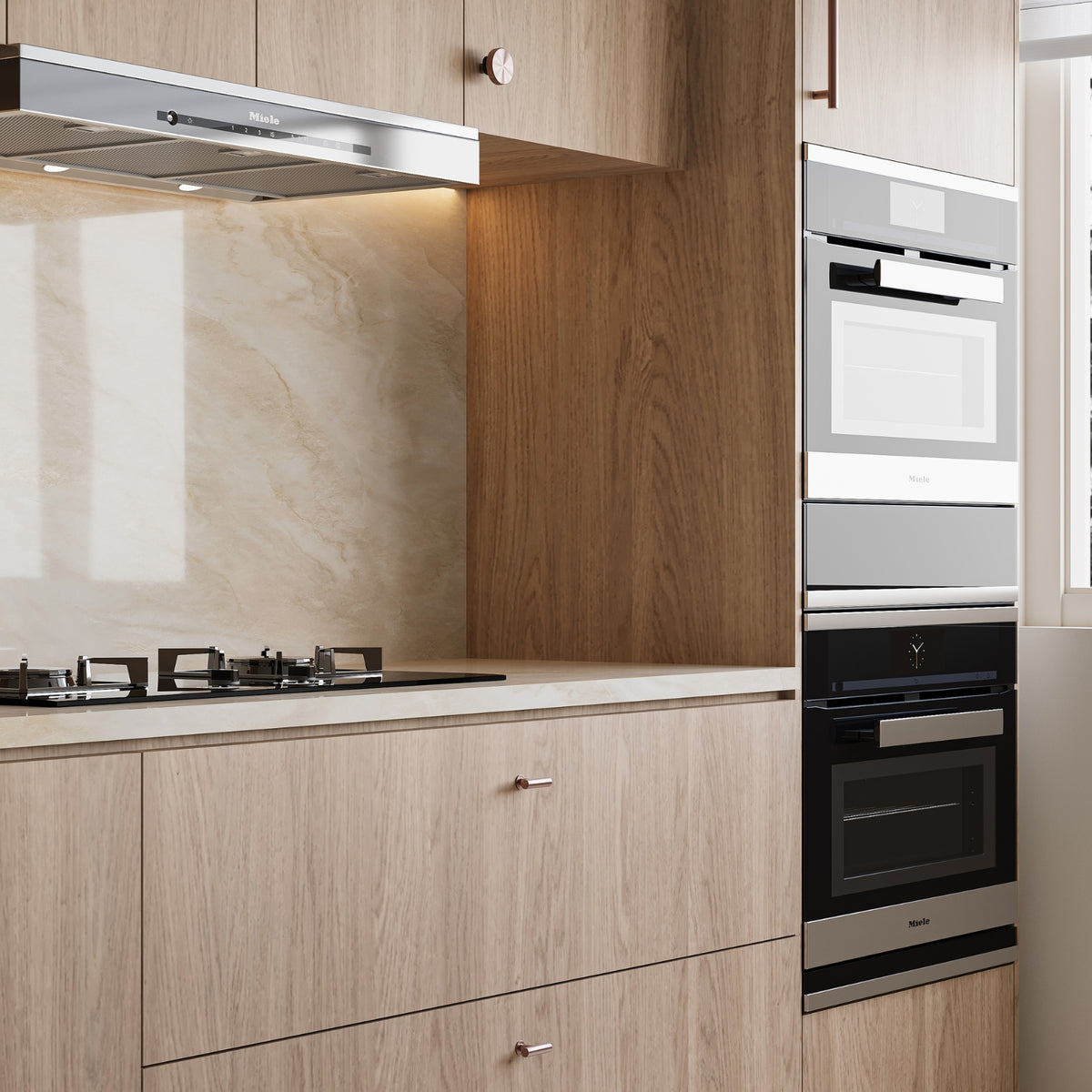 Brushed bronze Nero Mecca T-pull handle on light timber kitchen cabinet drawer and door fronts, modern kitchen setting