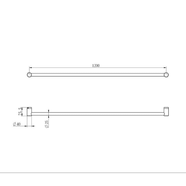 Nero Mecca Care 1200mm chrome grab rail technical drawing with 25mm diameter and wall fixings shown