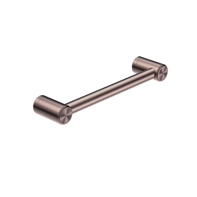 Nero Mecca Care 300mm grab rail in brushed bronze, shown on a white background with cylindrical wall mounts