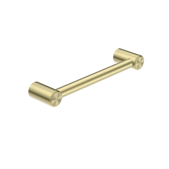 Nero Mecca Care brushed gold 300mm grab rail, tubular bathroom safety rail with round wall mounts on white background