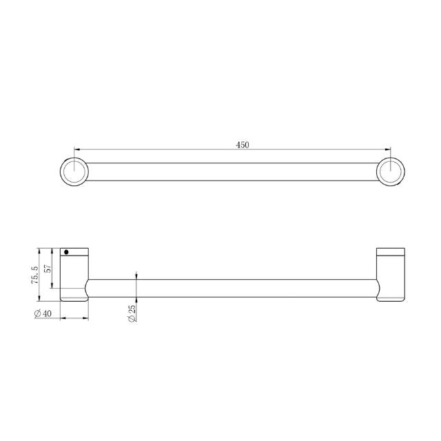 Technical drawing of Nero Mecca Care grab rail, 450mm brushed gold, with 25mm diameter and fixing dimensions shown