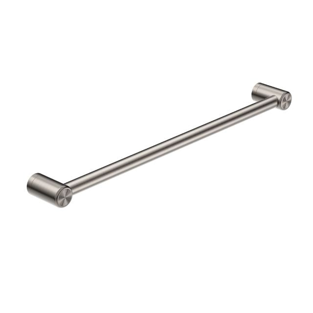 Nero Mecca Care brushed nickel 600mm grab rail with 25mm round bar and cylindrical wall mounts on a white background