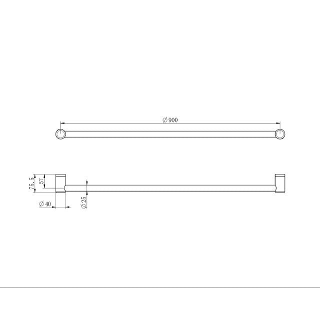 Nero Mecca Care 900mm chrome grab rail technical drawing with 25mm round rail and mounting detail