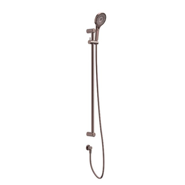 Nero Mecca Care shower rail set in brushed bronze, with adjustable hand shower and hose on a wall-mounted rail.