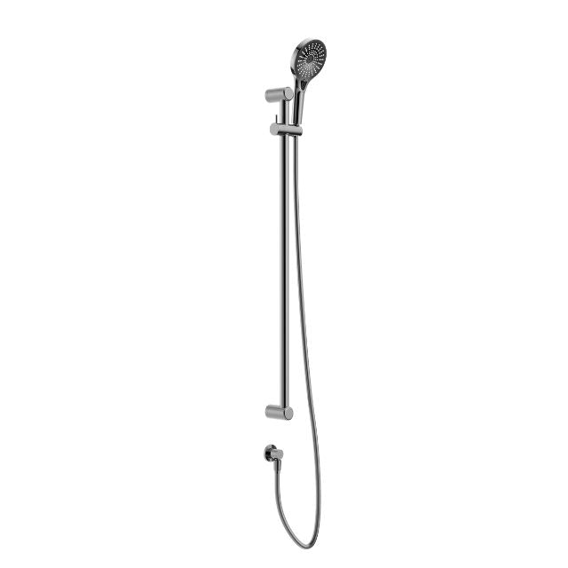 Nero chrome grab rail and adjustable shower rail set with hand shower, wall mounted, on white background