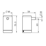 Nero Mecca Care wall hook technical drawing in brushed gold, showing front and side views with dimensions 40mm, 58mm and 75.5mm