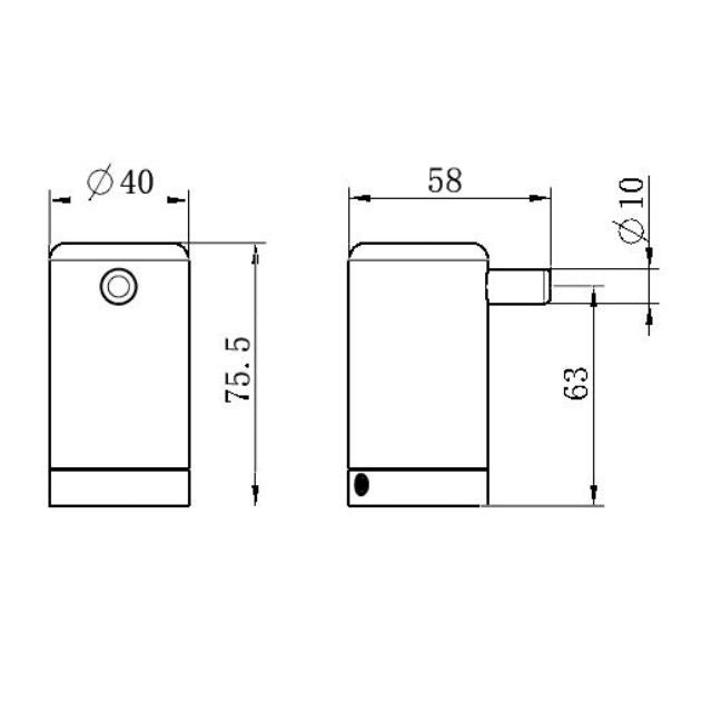 Nero Mecca Care wall hook technical drawing in brushed gold, showing front and side views with dimensions 40mm, 58mm and 75.5mm