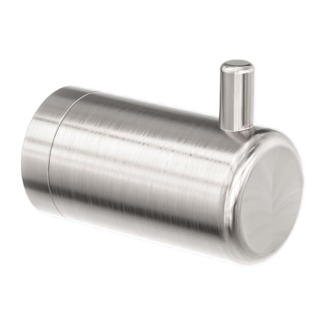 Nero Mecca Care wall hook in brushed nickel, cylindrical stainless steel robe hook on white background