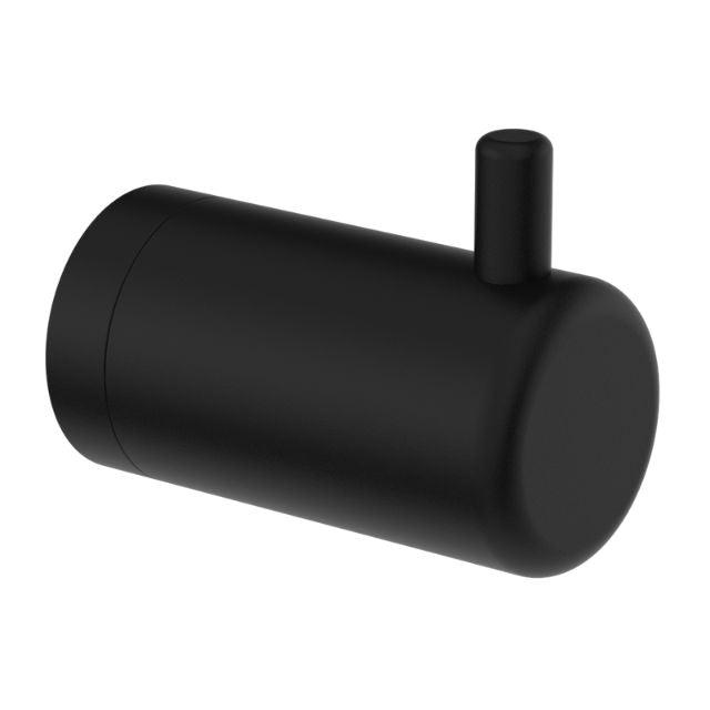 Nero Mecca Care matte black wall hook, cylindrical stainless steel robe hook in side view