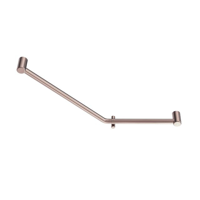 Nero Mecca Care 45° bent grab rail in brushed bronze, 32mm stainless steel, angled support rail with wall brackets on white background