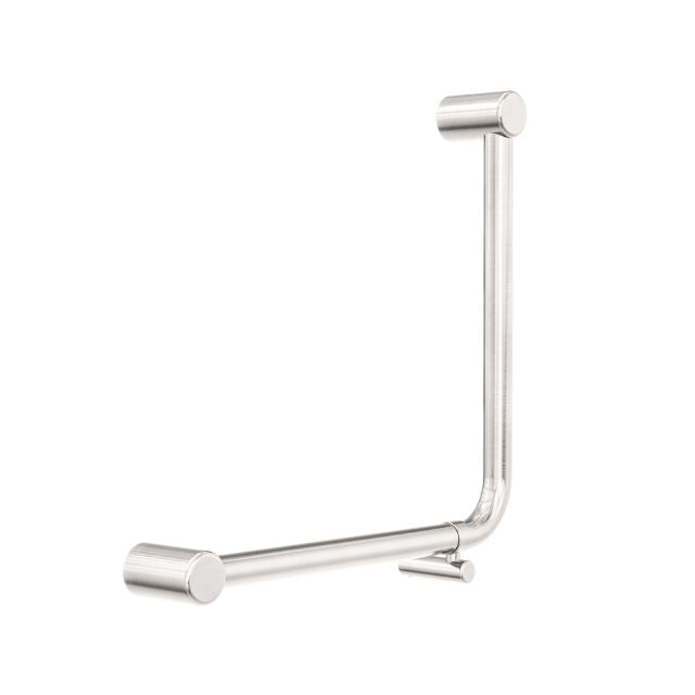 Nero Mecca Care brushed nickel 90-degree bent tube grab rail, 450x450mm, in a wall-mounted angled view