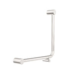 Nero Mecca Care brushed nickel 90-degree bent tube grab rail, 450x450mm, in a wall-mounted angled view