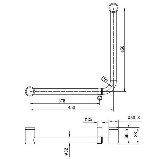 Technical drawing of Nero Mecca Care 32mm 90 degree bent grab rail, 450x450mm, gunmetal, with dimensions marked