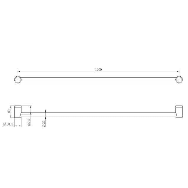 Technical drawing of Nero Mecca Care 1200mm grab rail, 32mm diameter, brushed bronze, with dimensions shown