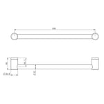 Nero Mecca Care 600mm grab rail technical drawing in brushed nickel, showing 32mm diameter and wall bracket measurements
