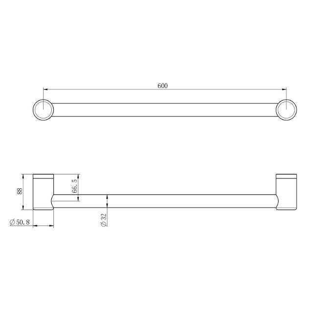 Technical drawing of Nero Mecca Care 32mm grab rail, 600mm long, matte black with dimensions marked for accessible bathrooms