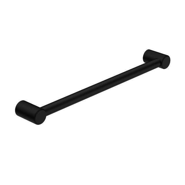 Nero Mecca Care 600mm grab rail, matte black stainless steel, with round wall mounts shown on white background