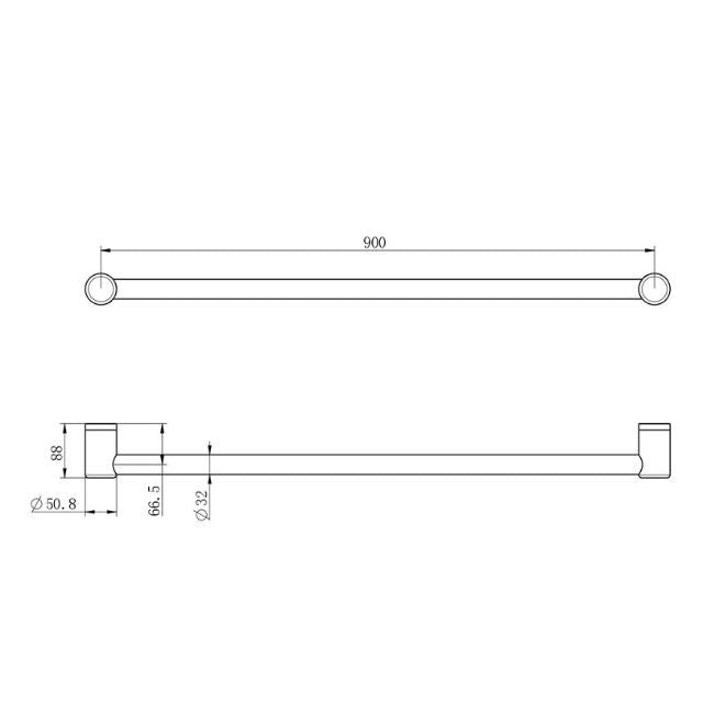 Nero Mecca Care 32mm grab rail 900mm in brushed gold, technical drawing showing dimensions and wall brackets