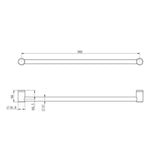 Technical drawing of Nero Mecca Care 900mm grab rail in brushed nickel, showing 32mm bar and wall bracket dimensions.