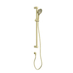 Nero Mecca Care brushed gold shower rail set with 32mm grab rail, hand shower and hose, wall mounted on white background