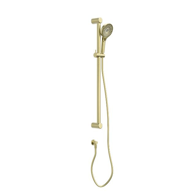 Nero Mecca Care brushed gold shower rail set with 32mm grab rail, hand shower and hose, wall mounted on white background