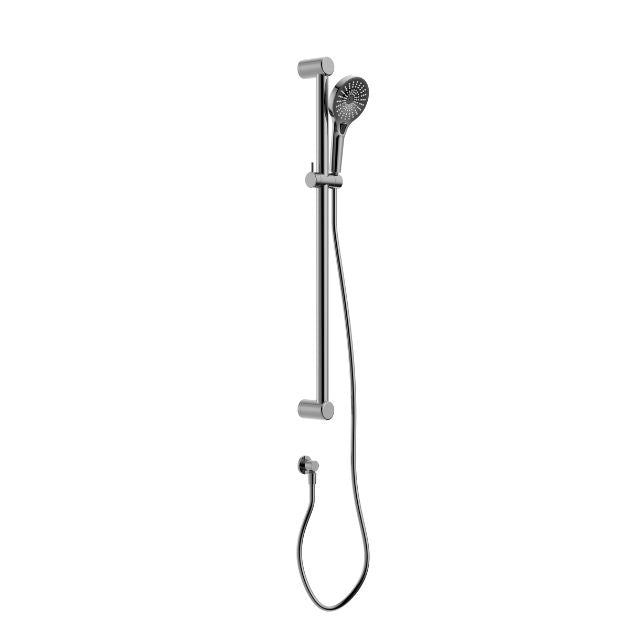 Nero Mecca Care chrome shower rail set with handheld shower head and hose, wall-mounted, on white background