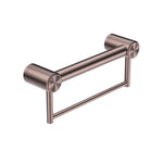 Nero Mecca Care 32mm grab rail with towel holder, brushed bronze, angled studio view