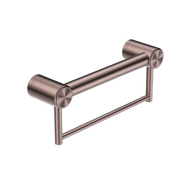 Nero Mecca Care 32mm grab rail with towel holder, brushed bronze, angled studio view
