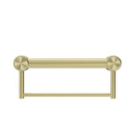 Nero Mecca Care brushed gold 32mm grab rail with towel holder, 300mm horizontal wall rail shown on white background