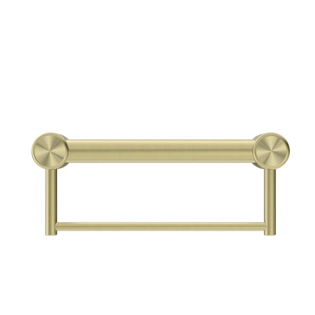 Nero Mecca Care brushed gold 32mm grab rail with towel holder, 300mm horizontal wall rail shown on white background
