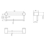 Technical drawing of Nero Mecca Care 300mm grab rail with towel holder, showing dimensions in brushed gold finish