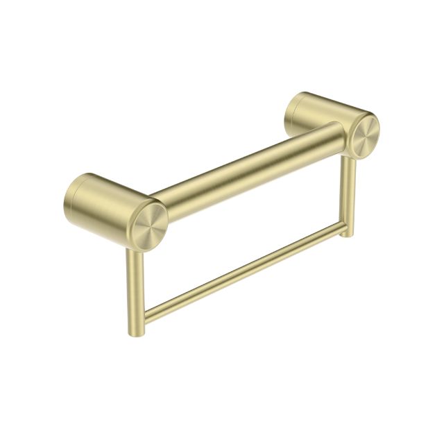 Nero Mecca Care 32mm brushed gold grab rail with towel holder, 300mm, angled view on white background