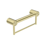 Nero Mecca Care 32mm brushed gold grab rail with towel holder, 300mm, angled view on white background