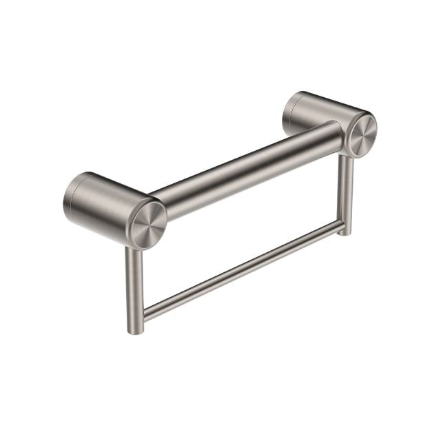Nero Mecca Care 300mm grab rail with towel holder, brushed nickel finish, stainless steel bathroom accessory in angled view