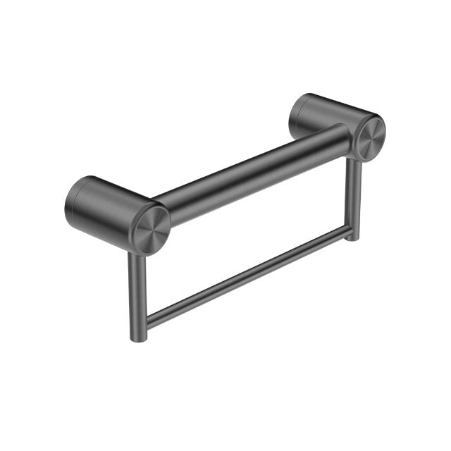 Nero Mecca Care 300mm gunmetal grab rail with towel holder, stainless steel bathroom accessory