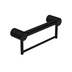 Nero Mecca Care matte black grab rail with towel holder, 300mm, shown on white background