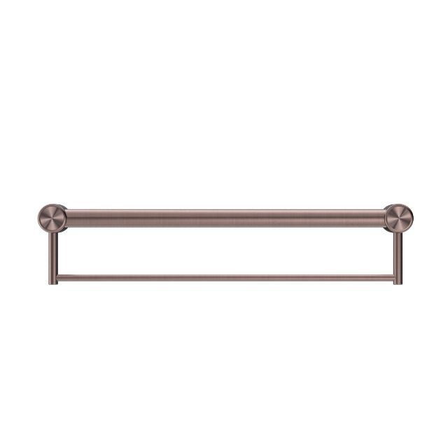 Nero Mecca Care 600mm grab rail with towel holder, brushed bronze, front view on white background