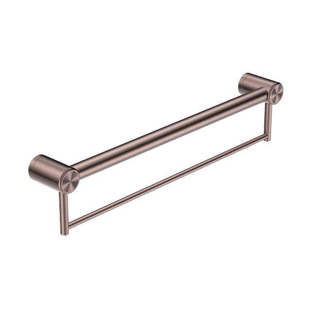 Nero Mecca Care brushed bronze 600mm grab rail with towel holder, angled product view