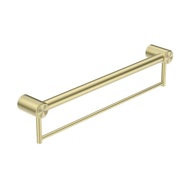 Nero Mecca Care brushed gold 600mm grab rail with towel holder, angled on white background