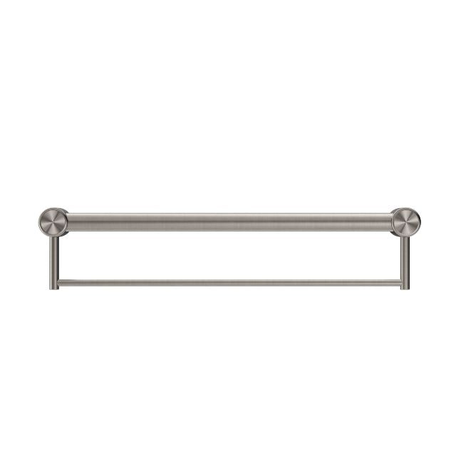 Nero Mecca Care 600mm brushed nickel grab rail with towel holder, side view
