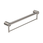 Nero Mecca Care 600mm grab rail with towel holder, brushed nickel stainless steel bathroom accessory, angled view