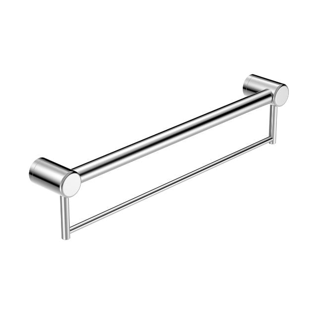 Nero Mecca Care chrome grab rail with towel holder, 600mm, shown on white background