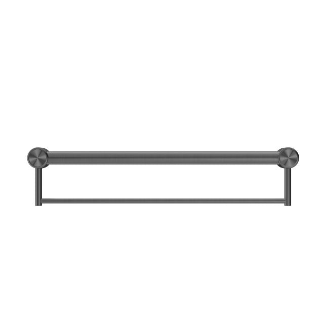 Nero Mecca Care 600mm grab rail with towel holder in gunmetal, front view, horizontal bathroom accessory